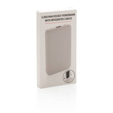 5.000 mAh zakformaat powerbank met geïntegreerde kabels