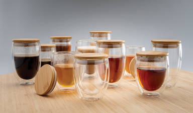 Dubbelwandig borosilicaatglas met bamboe deksel 350ml set
