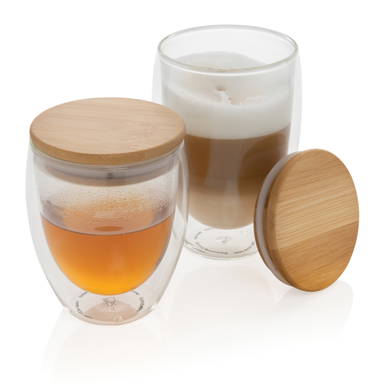Dubbelwandig borosilicaatglas met bamboe deksel 350ml set