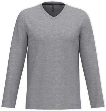 T-shirt classique col en V à manches longues - Gris Oxford