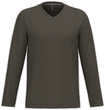 T-shirt classique col en V à manches longues - Kaki foncé