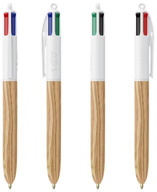 BIC 4 Colours Wood Style ballpen with lanyard - White - natural wood