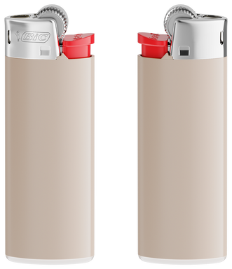 Encendedor BIC J25 mini - Soporte gris cálido - base blanca - botón rojo - tapa cromada