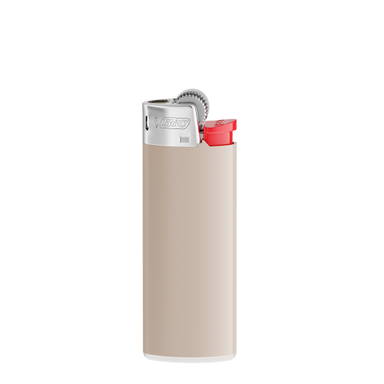 BIC J25 aansteker mini - Warm grijze houder - witte basis - rood drukknopje  - chroomkap