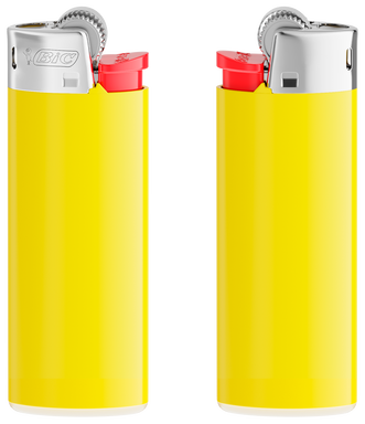 Encendedor BIC J25 mini - Portaobjetos amarillo claro - base blanca - botón rojo - capuchón cromado