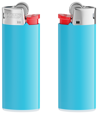 Encendedor BIC J25 mini - Soporte azul claro - base blanca - botón rojo - capuchón cromado