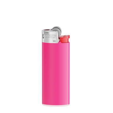BIC J25 aansteker mini - Fucsia houder - witte basis - rood drukknopje - chroomkap