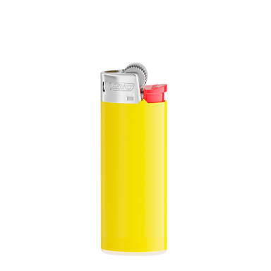 BIC J25 aansteker mini - Lichtgele houder - witte basis - rood drukknopje  - chroomkap
