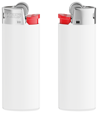 Encendedor BIC J25 mini - Soporte blanco opaco - base blanca - botón rojo - tapa cromada