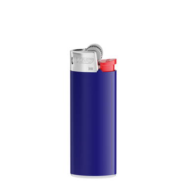 BIC J25 aansteker mini - Donkerblauwe houder - witte basis - rood drukknopje  - chroomkap