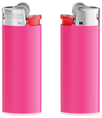Encendedor BIC J25 mini - Soporte fucsia - base blanca - botón rojo - capuchón cromado