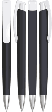 UMA TRINITY Soft-Touch-Kugelschreiber mit weißem Clip und Metallspitze - Schwarz