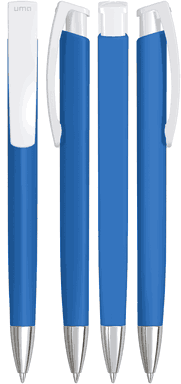 UMA TRINITY Soft-Touch-Kugelschreiber mit weißem Clip und Metallspitze - Mittelblau