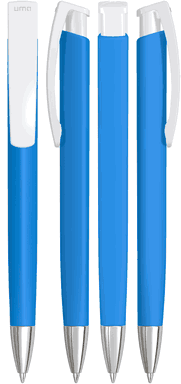 UMA TRINITY Soft-Touch-Kugelschreiber mit weißem Clip und Metallspitze - Hellblau
