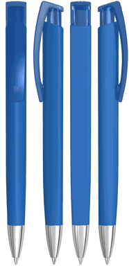 UMA TRINITY Soft-Touch-Kugelschreiber mit transparentem Clip und Metallspitze - Mittelblau
