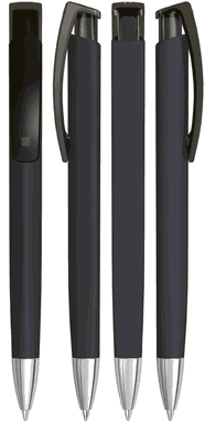 UMA TRINITY Soft-Touch-Kugelschreiber mit transparentem Clip und Metallspitze - Schwarz