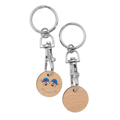 Einkaufswagenchip aus Holz mit Karabinerhaken - Silber, beige