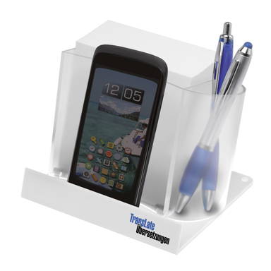 Memobox mit Kugelschreiberhalter und Telefonhalter - Milchglas transparent, weiß