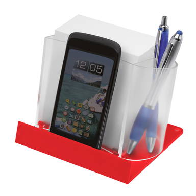 Memobox mit Kugelschreiberhalter und Telefonhalter - Milchglas transparent, rot