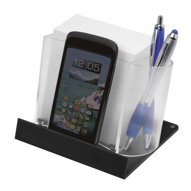 Memobox mit Kugelschreiberhalter und Telefonhalter - Milchglas transparent, schwarz