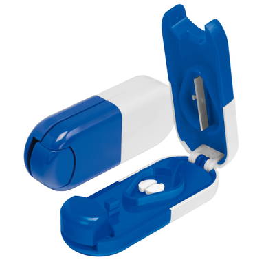 Pilulier forme comprimé avec coupe-comprimés 85 x 32 x 19 mm - Blanc, bleu