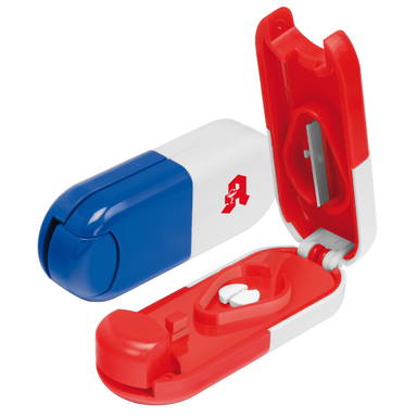 Pilulier forme comprimé avec coupe-comprimés 85 x 32 x 19 mm - Blanc, rouge
