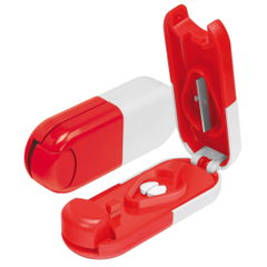 Tablet-shaped pill box with pill splitter 85 x 32 x 19 mm