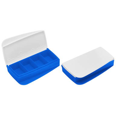 Pillendoosje 4 vakken makkelijk te openen 82 x 46 x 17 mm - Wit, blauw